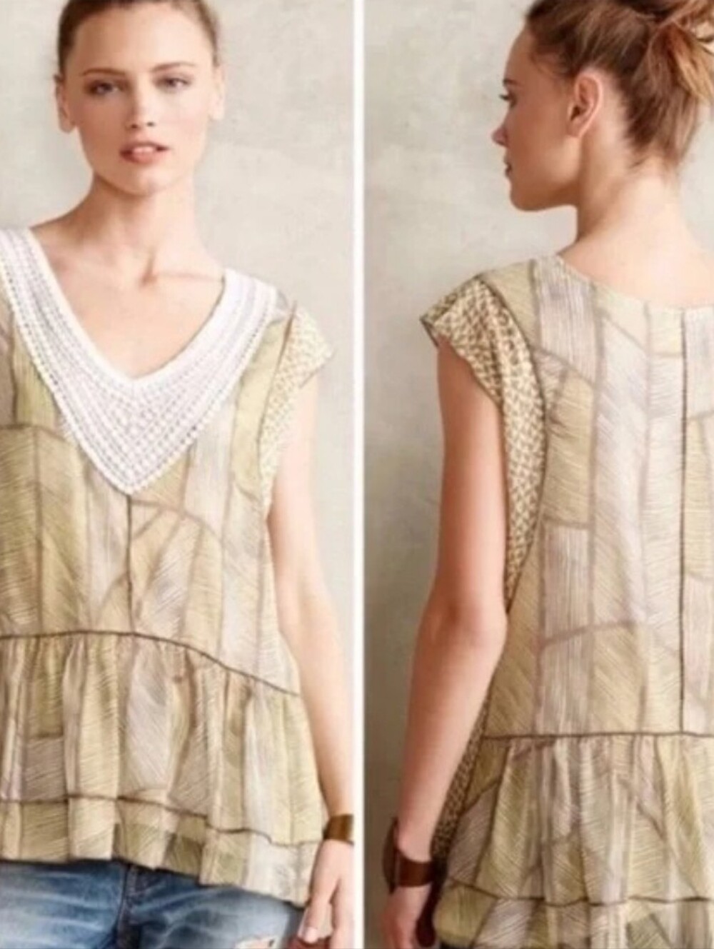 ANTHROPOLOGIE ONE SEPTEMBER Lemon Leaf Peplum Crochet Top Size M